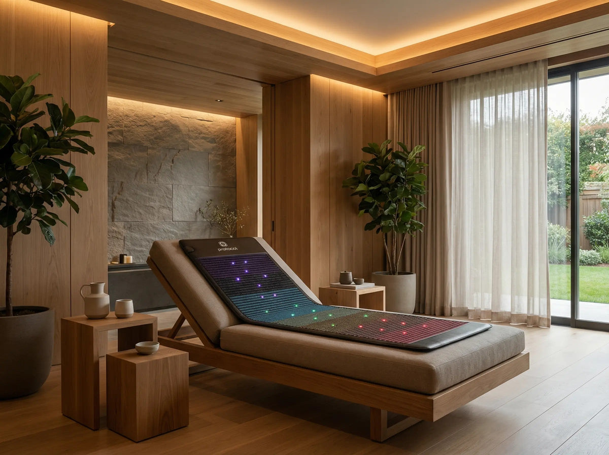 A modern wooden massage chaise lounge with an integrated LED light therapy panel, styled in a warm, minimalist spa-like room with wood paneling, plants, and a large window.