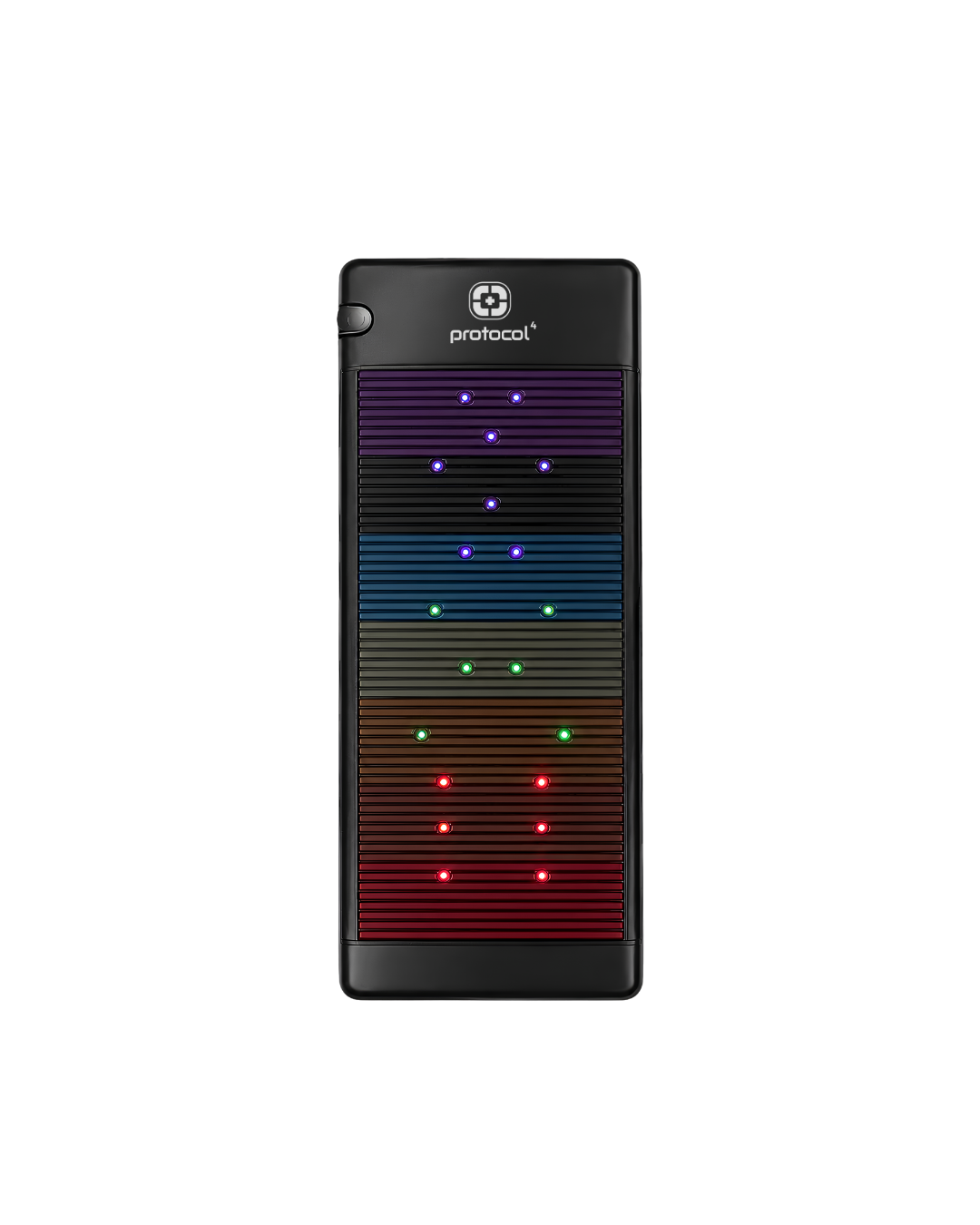 Black electronic device with colorful LED display on a white background