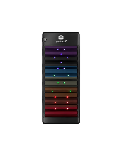 Black electronic device with colorful LED display on a white background
