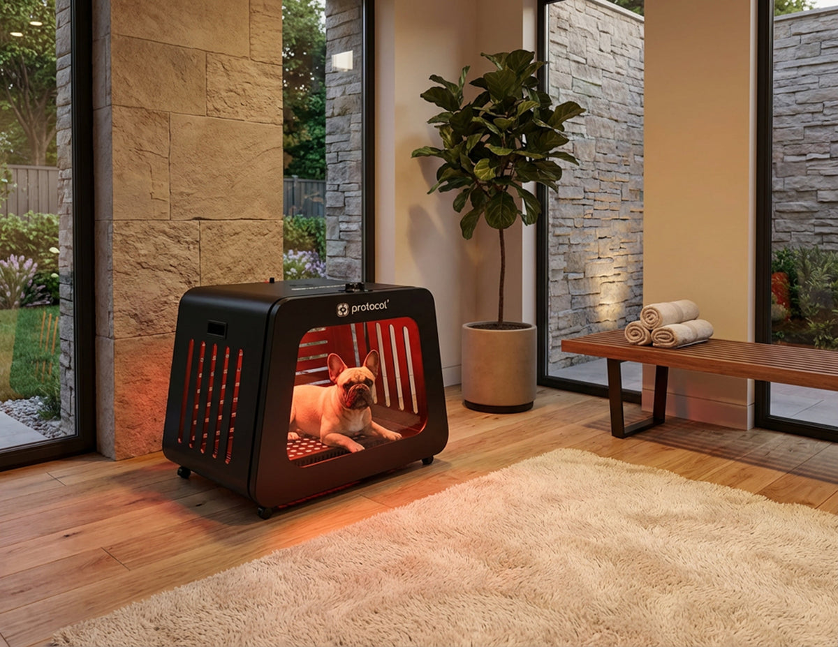A small dog lies inside a black pet cooling fan crate on a wooden floor in a modern home interior with stone walls, a plant, and a bench.