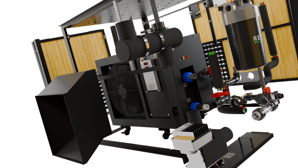 Complex mechanical setup with various components on a white background
