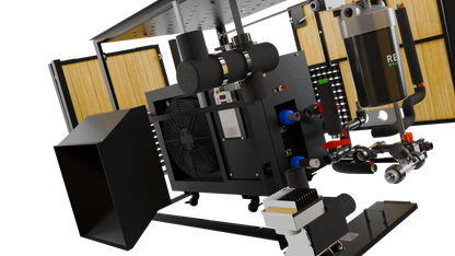 Complex mechanical setup with various components on a white background