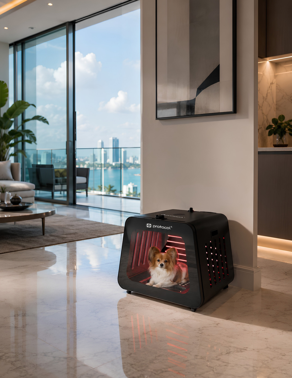 A small dog sits inside a black pet carrier crate with red interior lighting, placed on a polished marble floor in a modern living room with large windows overlooking water.