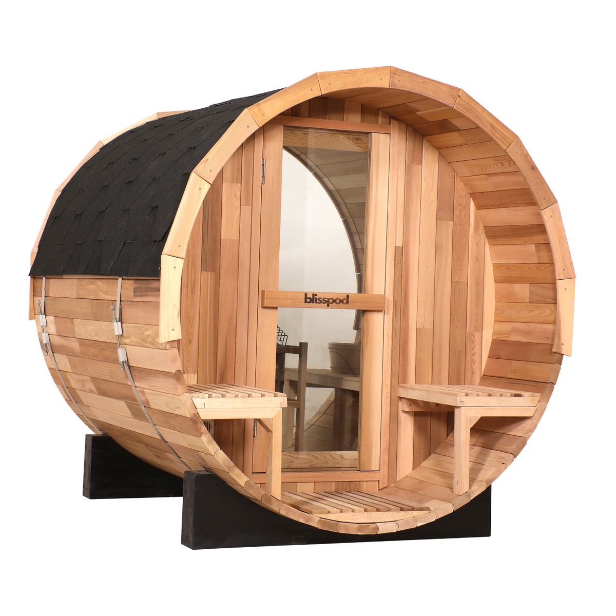 Exterior picture of a barrel sauna with light wood panels and two individual seats, all made of wood
