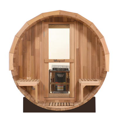 A round wooden sauna cabin with built-in benches, a glass door, and a visible steam generator behind the door, shown on a plain white background. The brand name 'blisspod' is printed on the door frame.