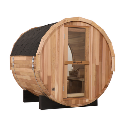 Wooden barrel-shaped sauna with glass door on a white background