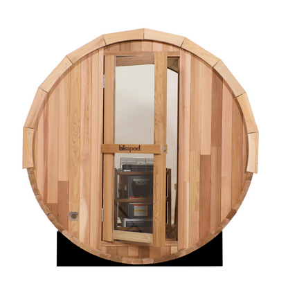 Wooden barrel with a glass door on a white background