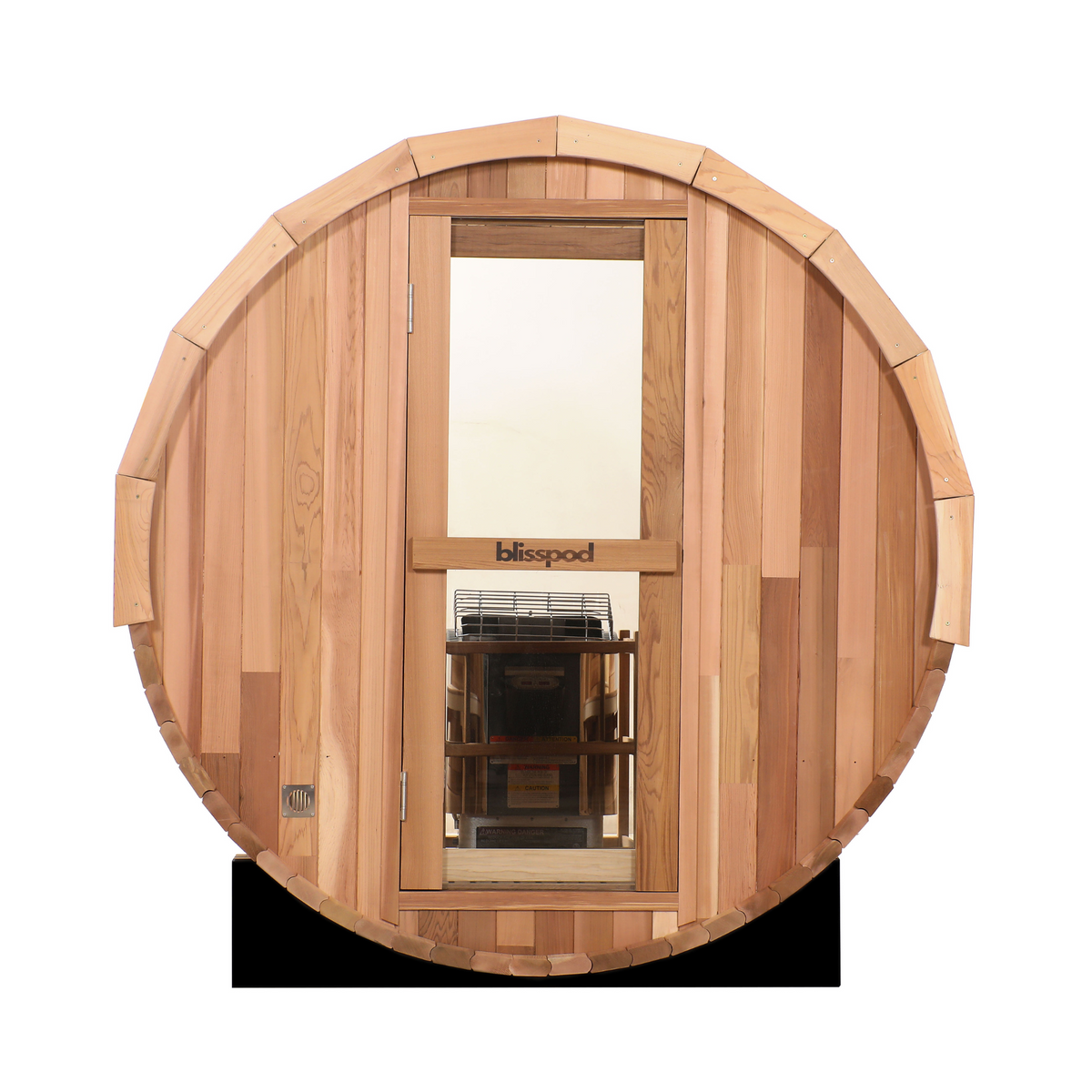 Wooden barrel with a clear glass panel, featuring the brand 'blisspod'.