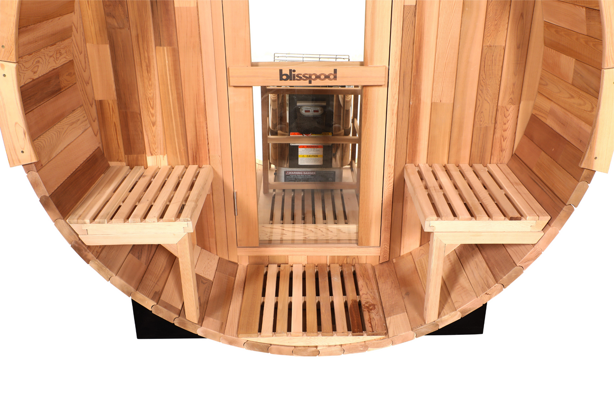 Wooden sauna with 'blisspod' branding on a white background