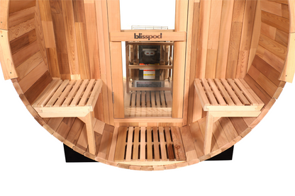Wooden sauna with 'blisspod' branding on a white background