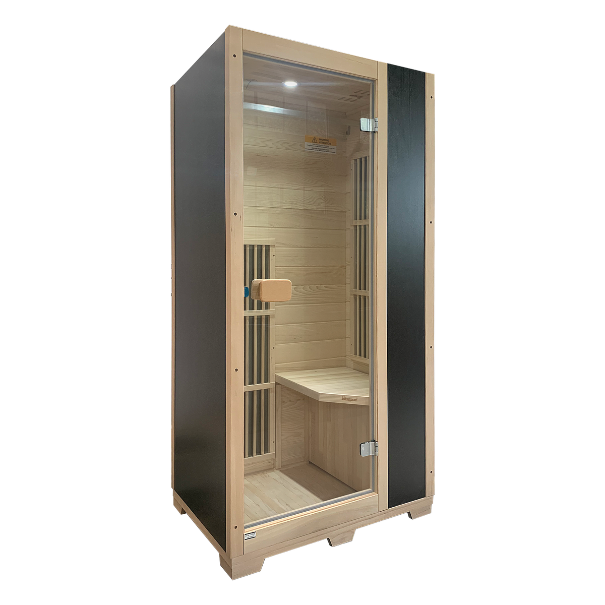 Infrared sauna with wooden interior and glass door on a white background