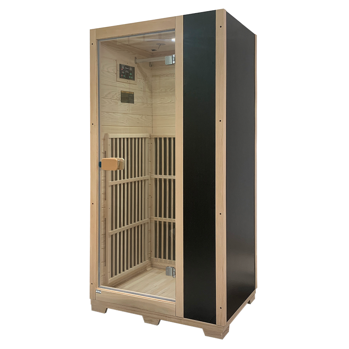Infrared sauna with wooden interior and black exterior on a white background
