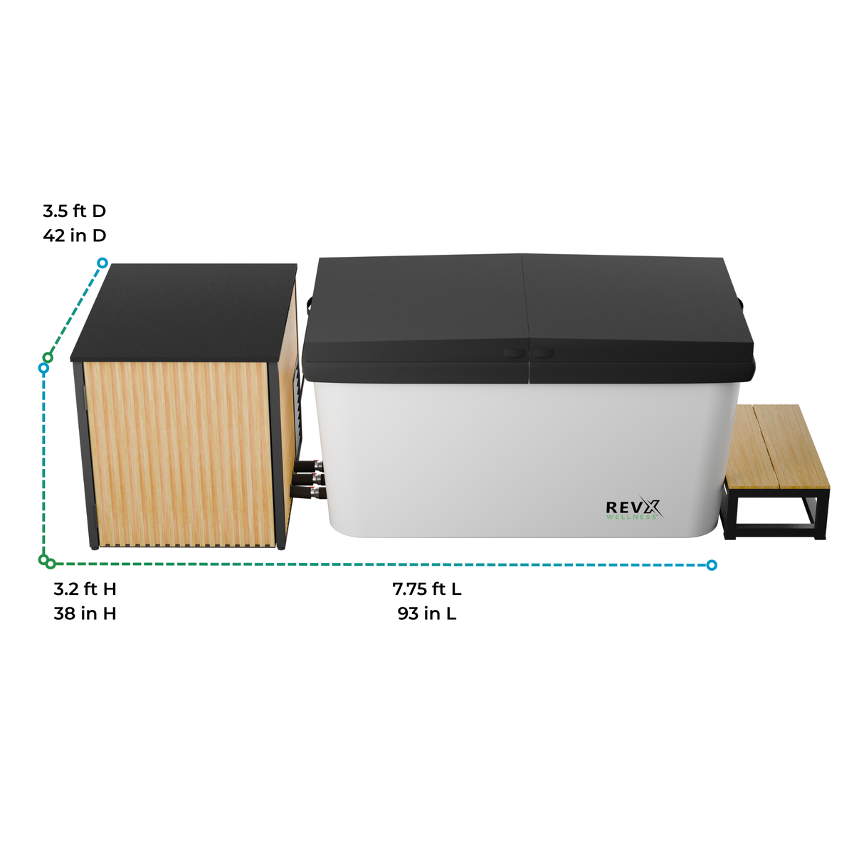 Outdoor furniture set with dimensions labeled on a white background