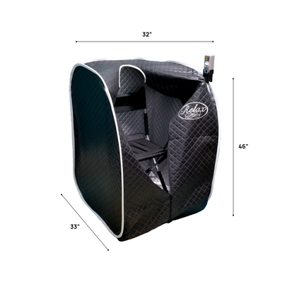 Portable sauna with dimensions labeled on a white background