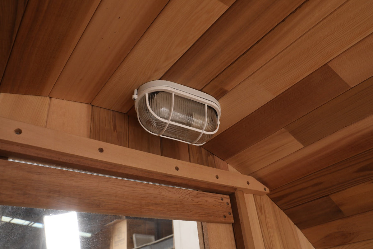 Ceiling light fixture in a wooden interior setting