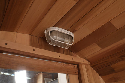 Ceiling light fixture in a wooden interior setting