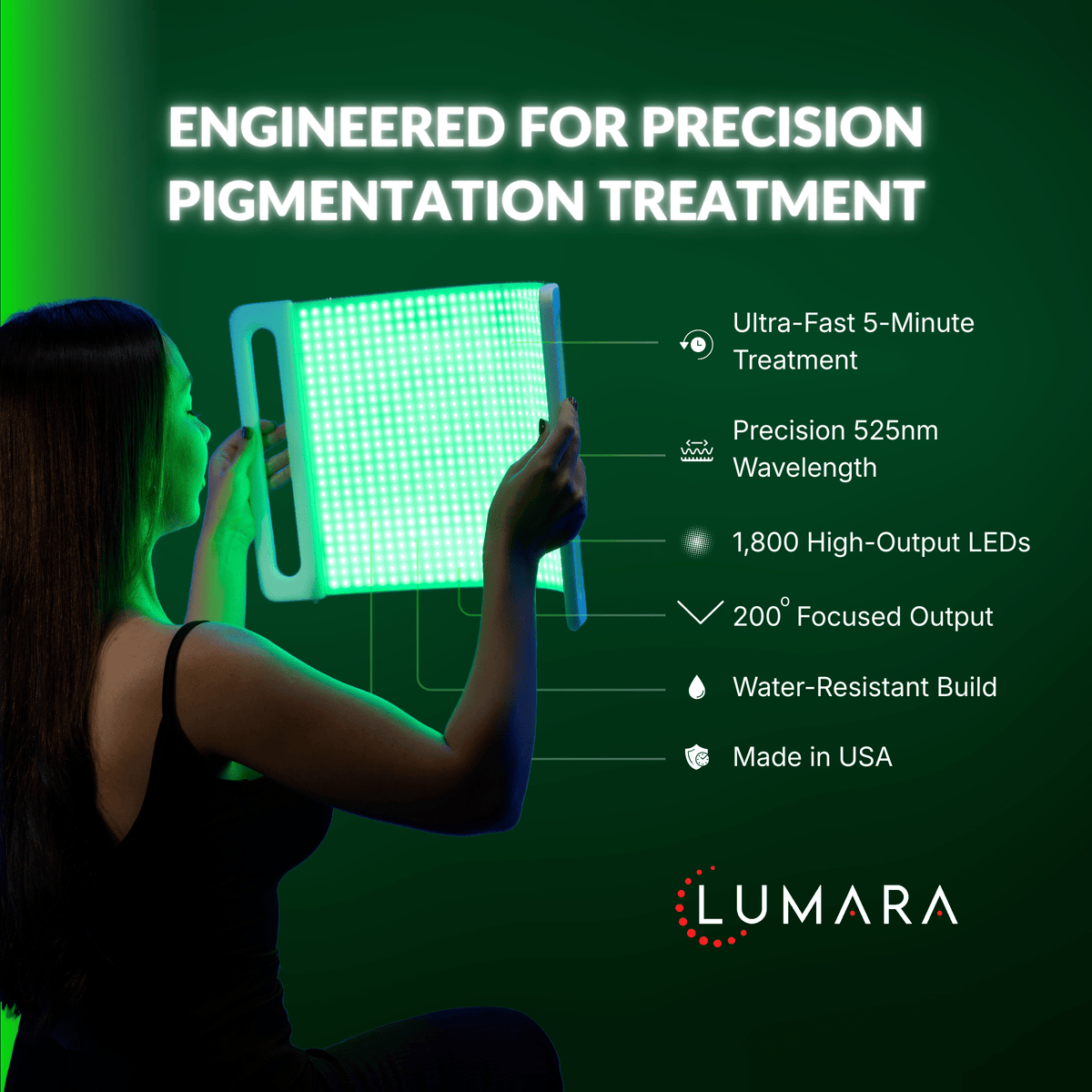 Person using a green light device with Lumara branding on a dark background