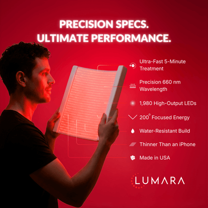 Person holding a red light device with Lumara branding and product features on a red background