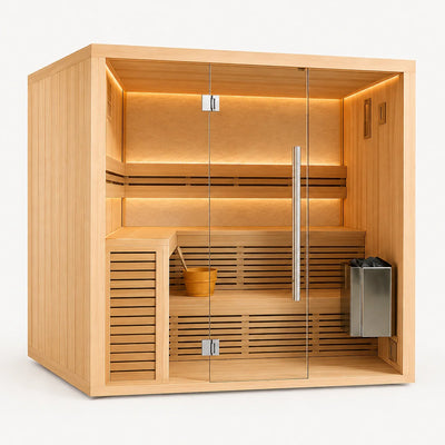 Dry Heat Sauna Built for Premium Relaxation, Nordic Hemlock Wood, 8kW Stone Basket Heater, 3 Person Capacity