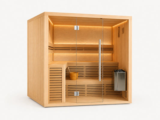 Dry Heat Sauna Built for Premium Relaxation, Nordic Hemlock Wood, 8kW Stone Basket Heater, 3 Person Capacity