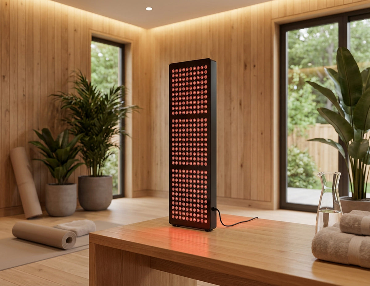 A tall rectangular LED light therapy panel with glowing red lights stands on a wooden table in a modern spa-like room with wood-paneled walls, potted plants, and rolled mats.