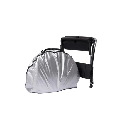 Silver cover on a black folding chair against a white background