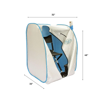 Portable shower pod with dimensions labeled on a white background