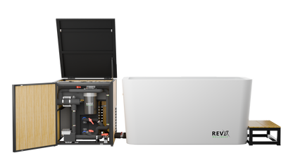 Open briefcase with compartments and a white surface with 'REV' branding.